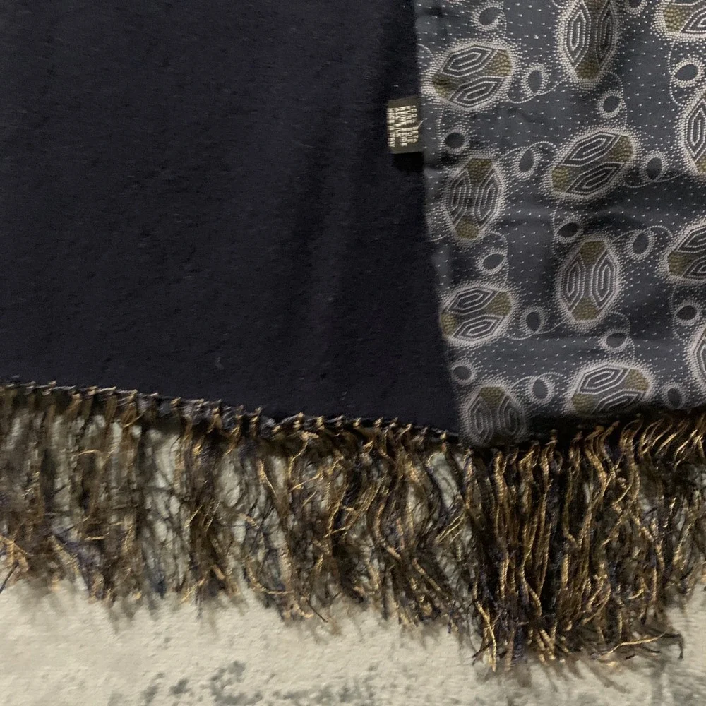 Barneys New York Scarf Mens Silk Wool Reversible Navy Blue Geometric Italy Made